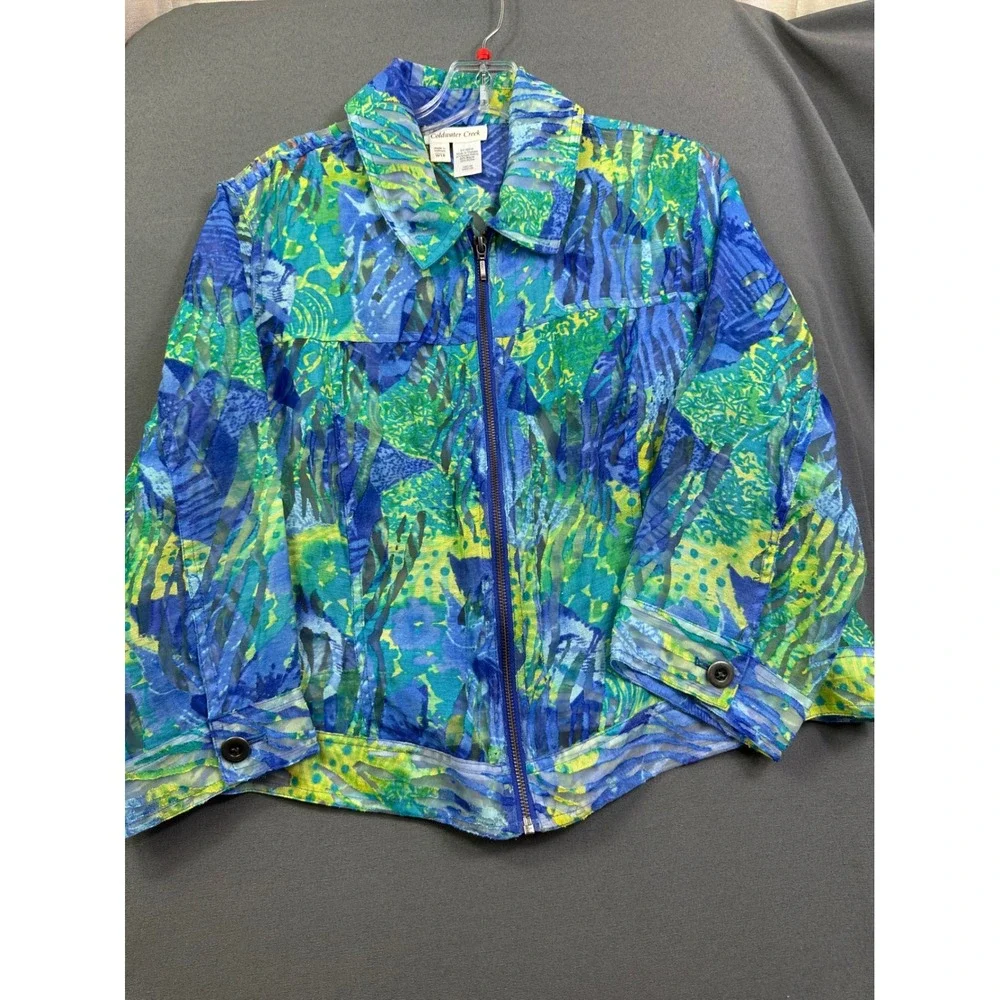 Coldwater Creek Women Blue Green‎ Abstract Burnout Zip Front Jacket Size W18